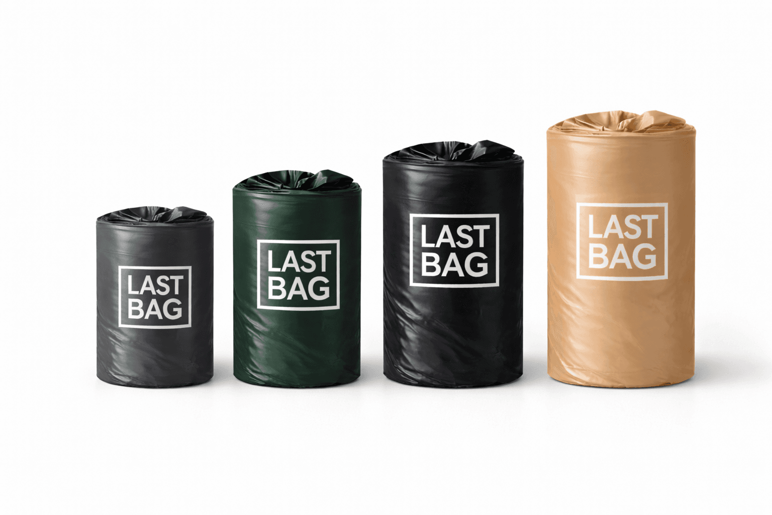 LAST BAG rolls in four sizes – green, black, and tan – from small to large
