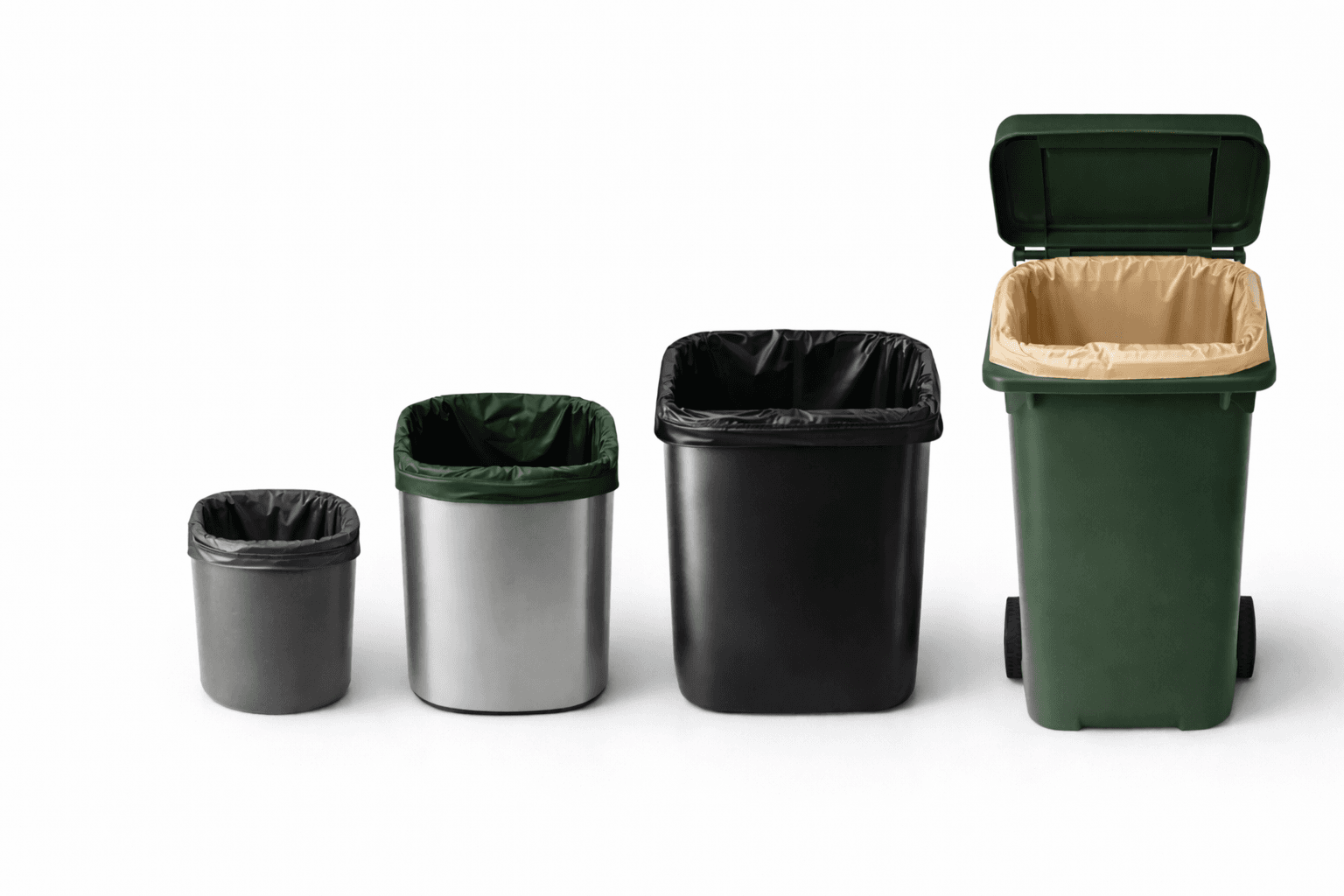 Four common household bins from bathroom to outdoor, each with a perfectly fitted LAST BAG