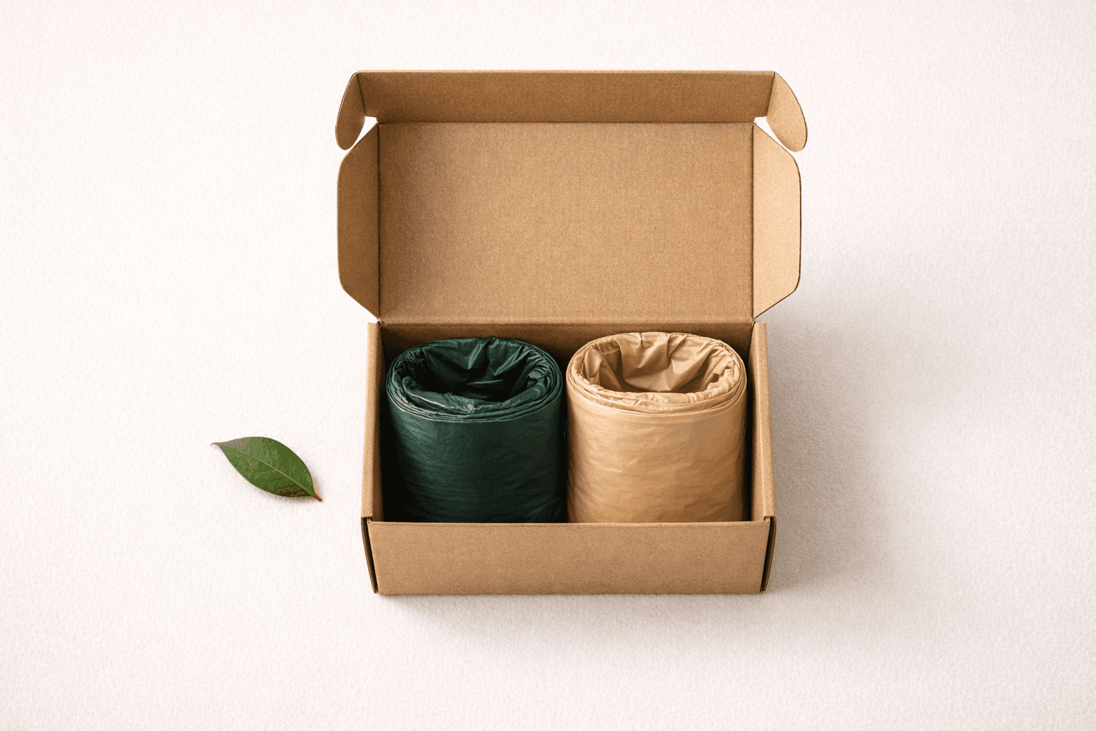 LAST BAG recyclable kraft packaging with green and tan bag rolls inside